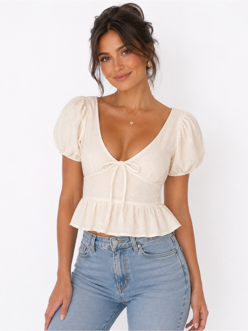 One Clothing Los Angeles White Cottagecore Coquette Peplum Puff Sleeve Top S